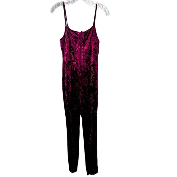 Forever 21 Velvet Velour Jumpsuit size L Burgundy Maroon Corset Laces Back Zip - Picture 1 of 8